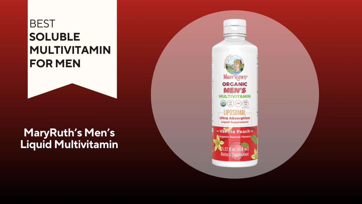 A red and black background with a white banner that reads Best Soluble Multivitamin for Men next to a bottle of MaryRuth's Organic Men's Liquid Multivitamin