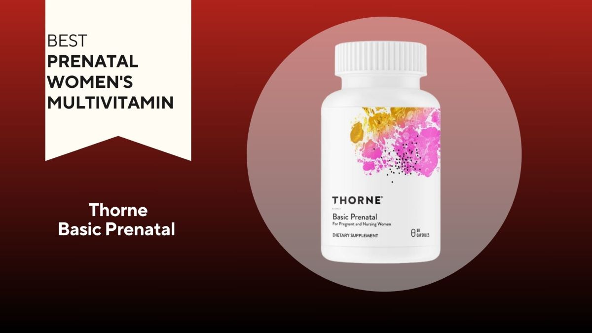 A bottle of Thorne Basic Prenatal multivitamin against a red background