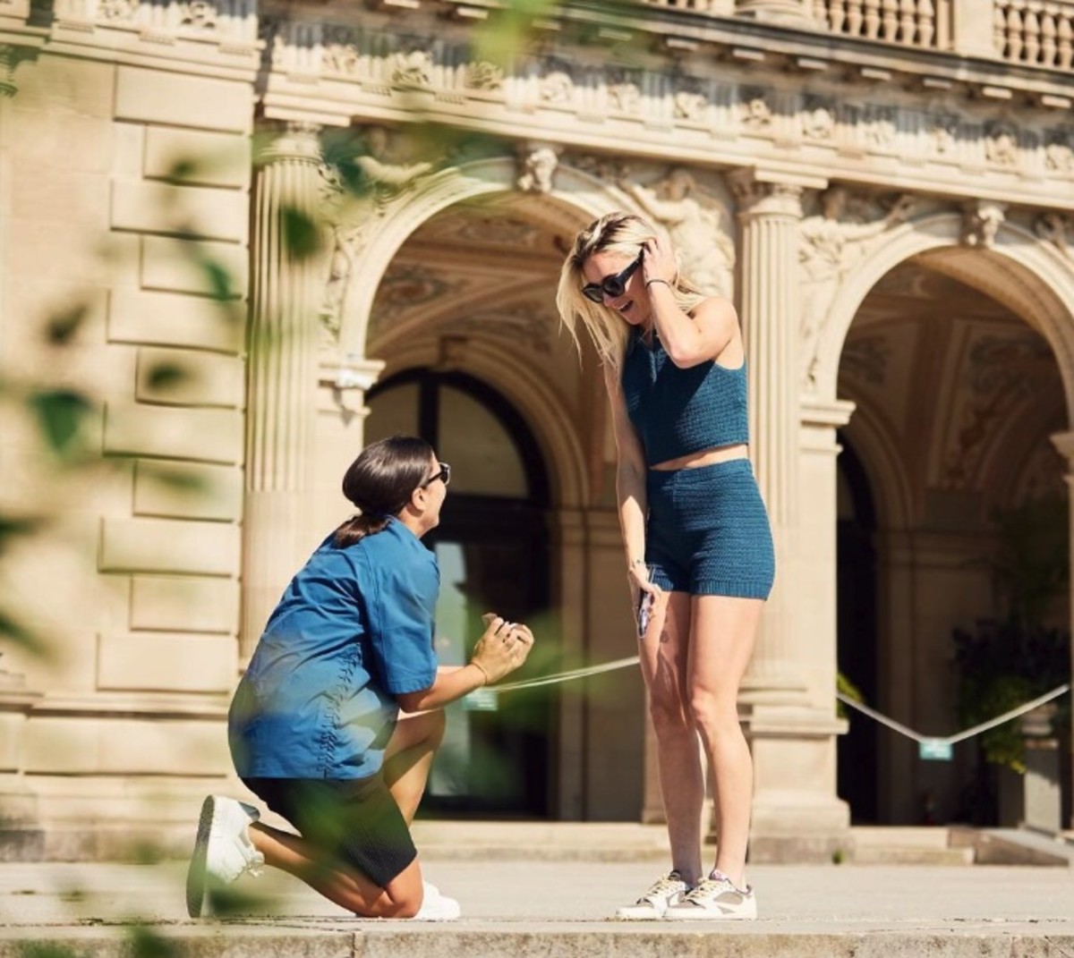 Sam Kerr pictured proposing to Kristie Mewis in September 2023