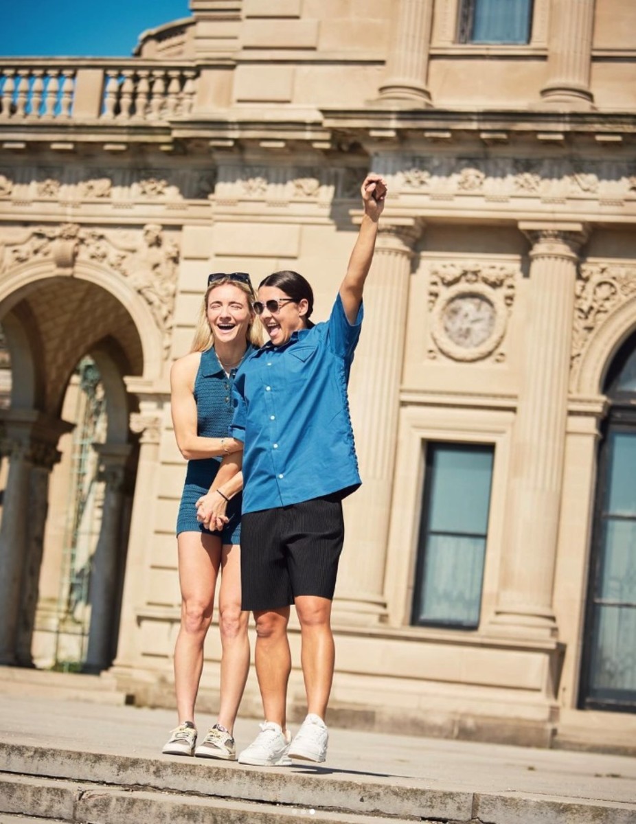 Sam Kerr (right) and Kristie Mewis pictured celebrating after getting engaged in September 2023