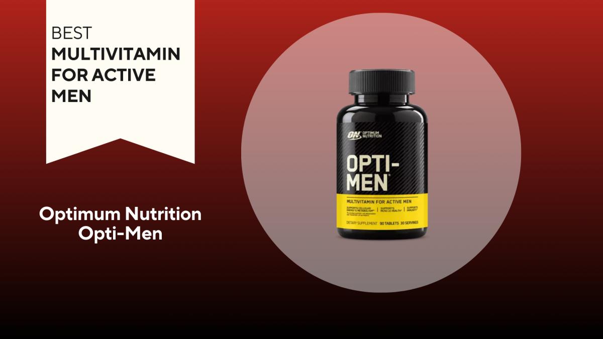 A red and black background with a white banner that reads Best Multivitamin for Active Men next to a bottle of Optimum Nutrition Opti-Men multivitamins