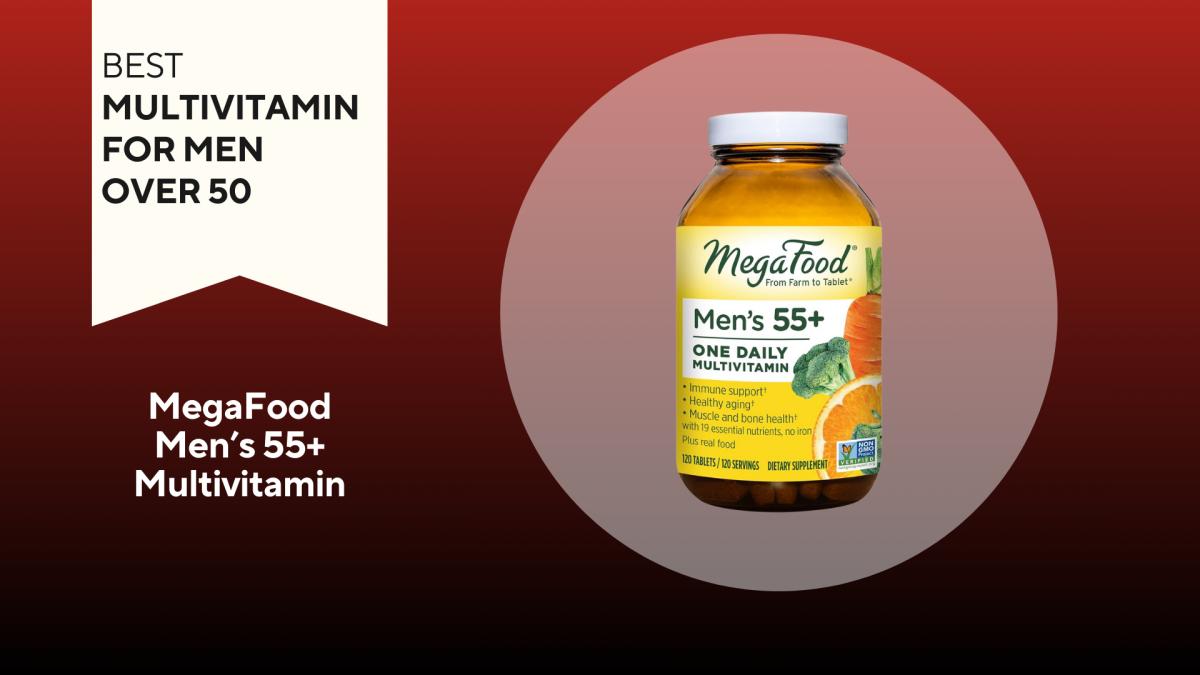 A red and black background with a white banner that reads Best Multivitamin for Men Over 50 next to a bottle of MegaFood Men's 55+ once-daily multivitamins
