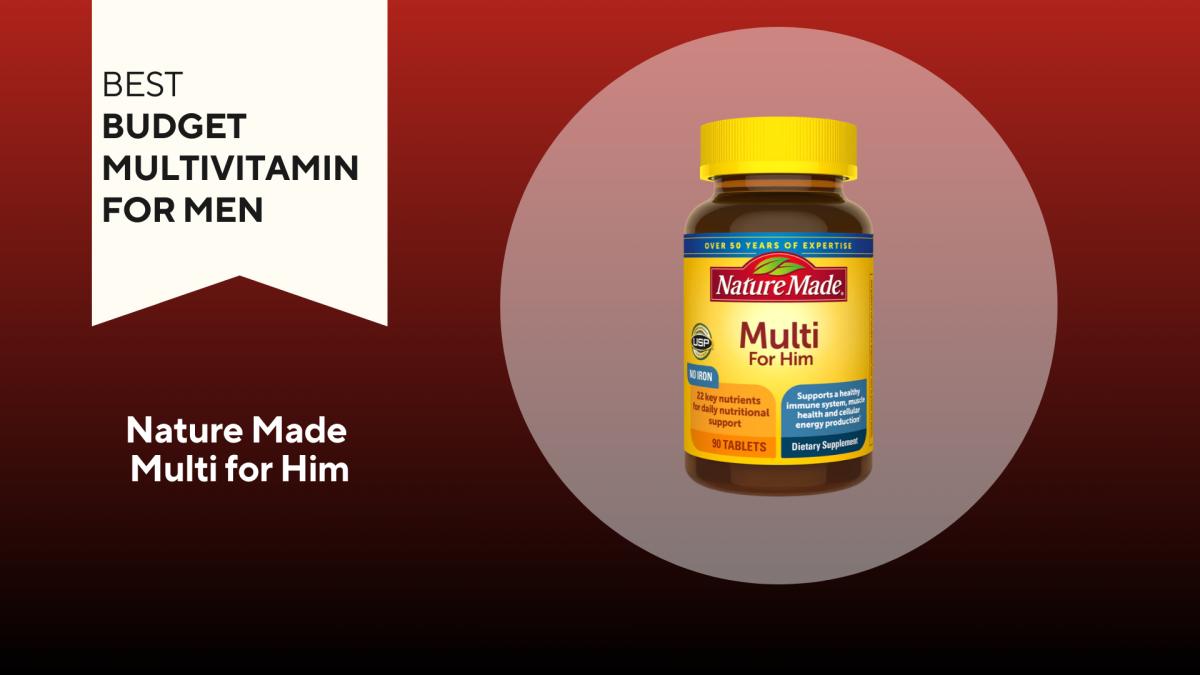 A red and black background with a white banner that reads Best Budget Multivitamin for Men next to a bottle of Nature Made Multi for Him
