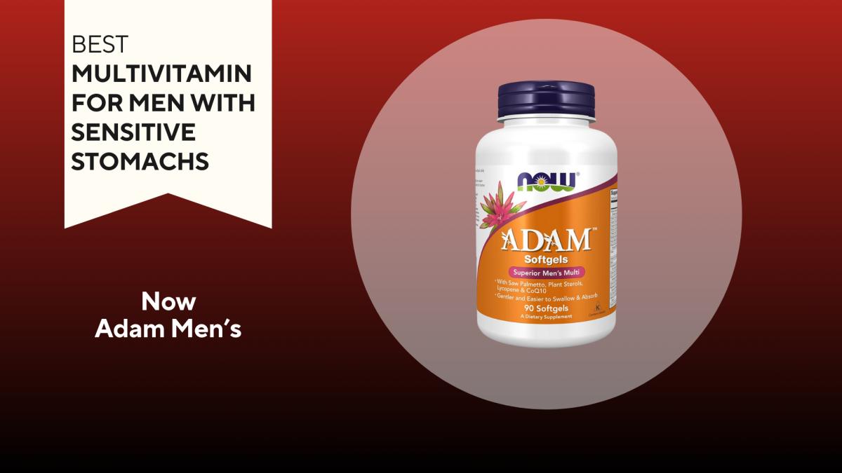 A red and black background with a white banner that reads Best Multivitamin for Men with Sensitive Stomachs next to a bottle of Now Adam soft gel Men's multivitamins