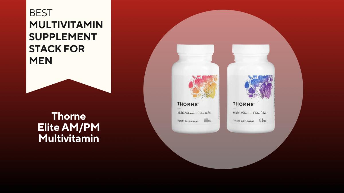 A red and black background with a white banner that reads Best Multivitamin Supplement Stack for men next to two bottles of Thorne Multivitamin Elite; one A.M. bottle and one P.M. bottle