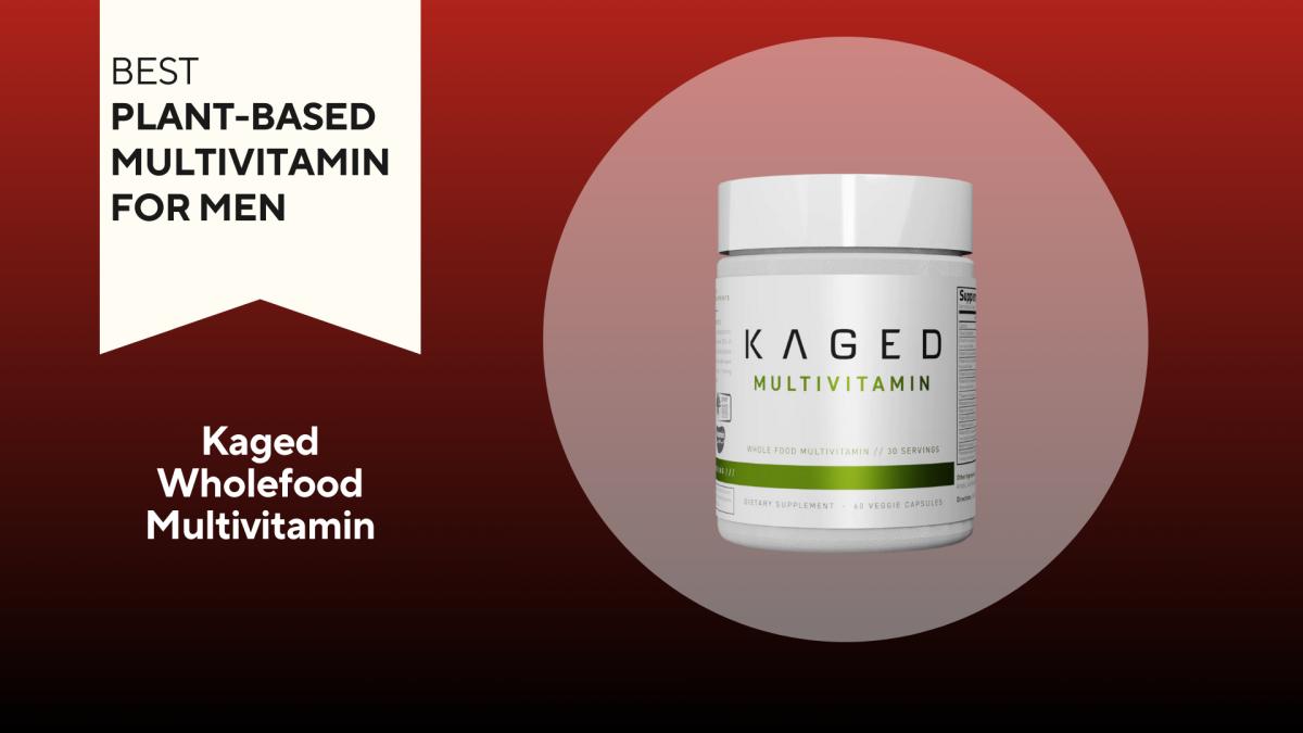 A red and black background with a white banner that reads Best Plant-Based Multivitamin for Men next to a bottle of Kaged Wholefood Multivitamins
