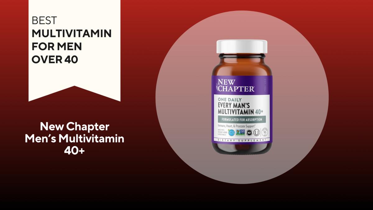A red and black background with a white banner that reads Best Multivitamin for Men Over 40 next to a bottle of New Chapter One Daily Every Man's Multivitamin 40+