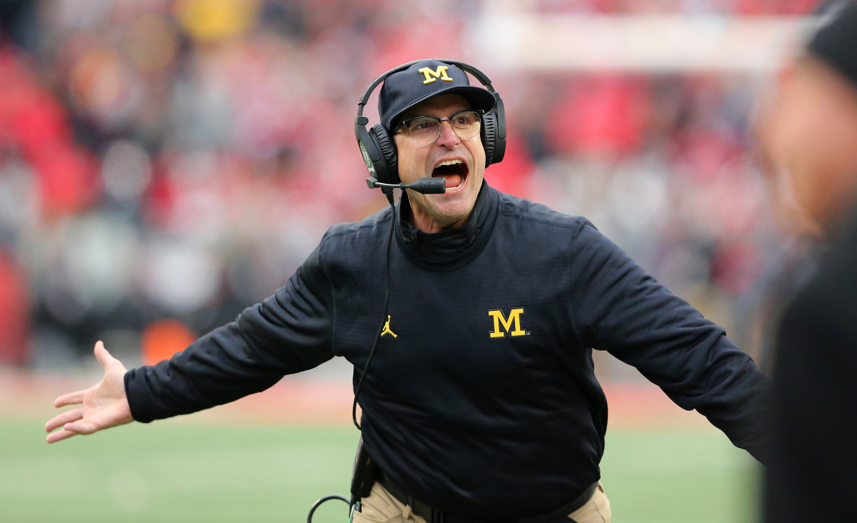 Michigan Wolverines head coach Jim Harbaugh reacts during the third quarter against the Ohio State Buckeyes at Ohio Stadium. Ohio State won 30-27.