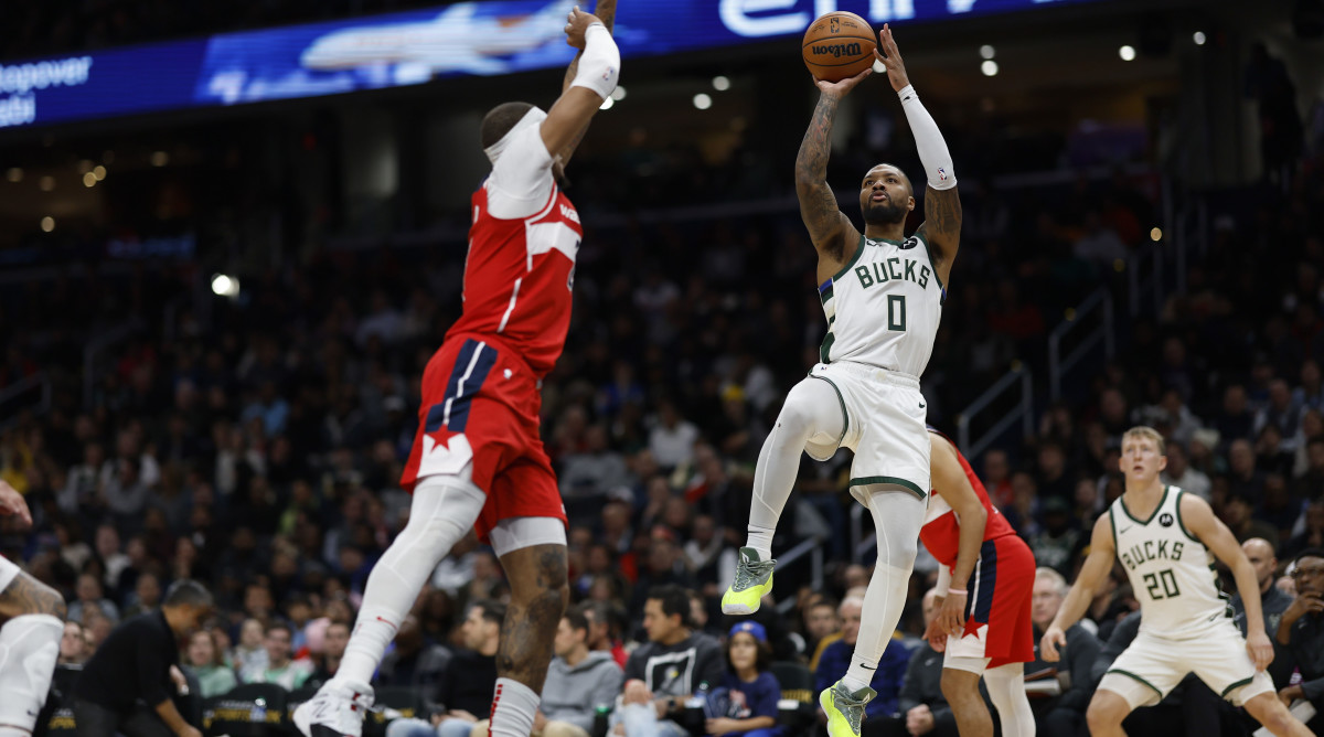 Damian Lillard shooting against the Wizards.