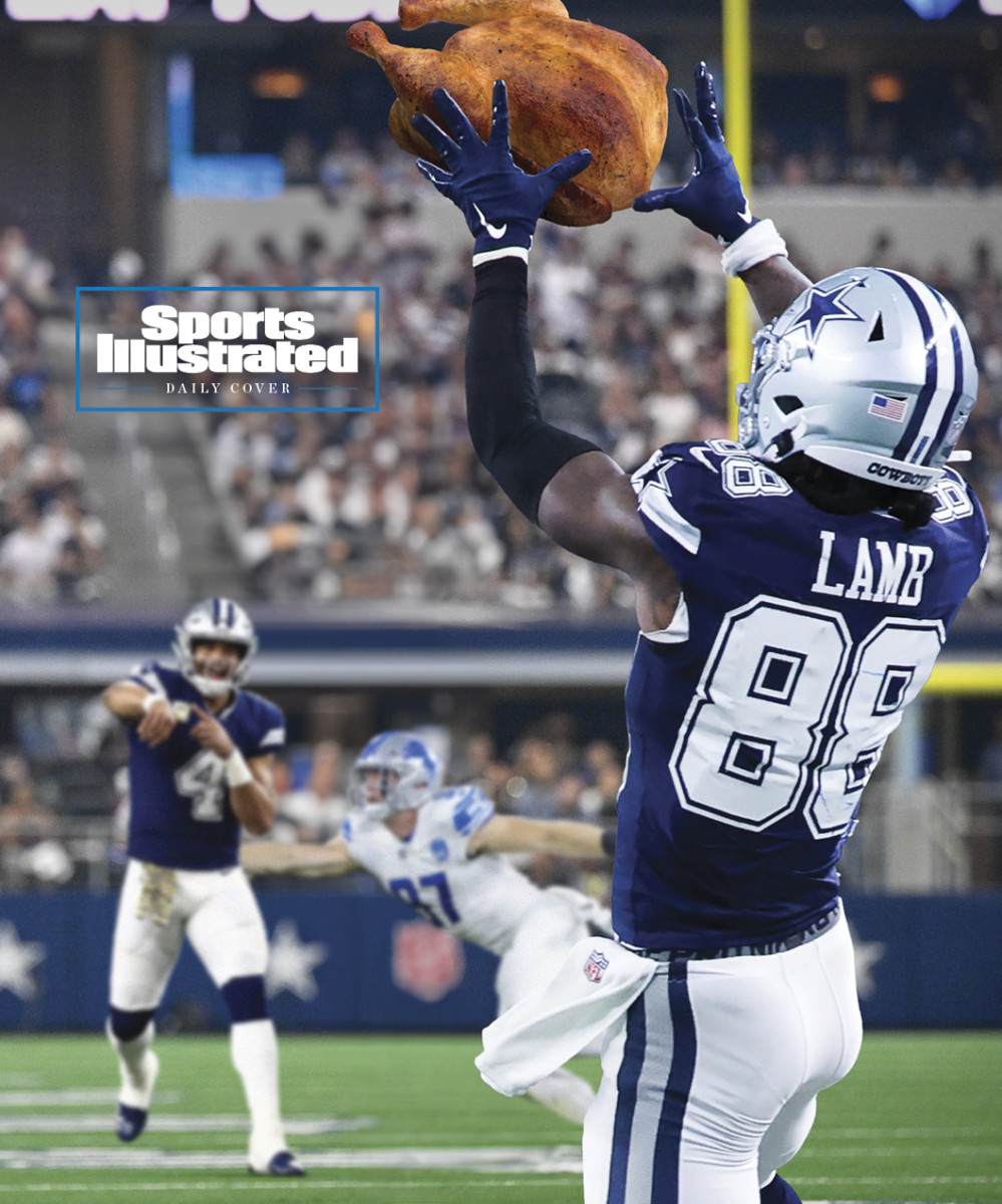 An illustration showing Dak Prescott throwing a turkey to CeeDee Lamb, with Lions players in the background.