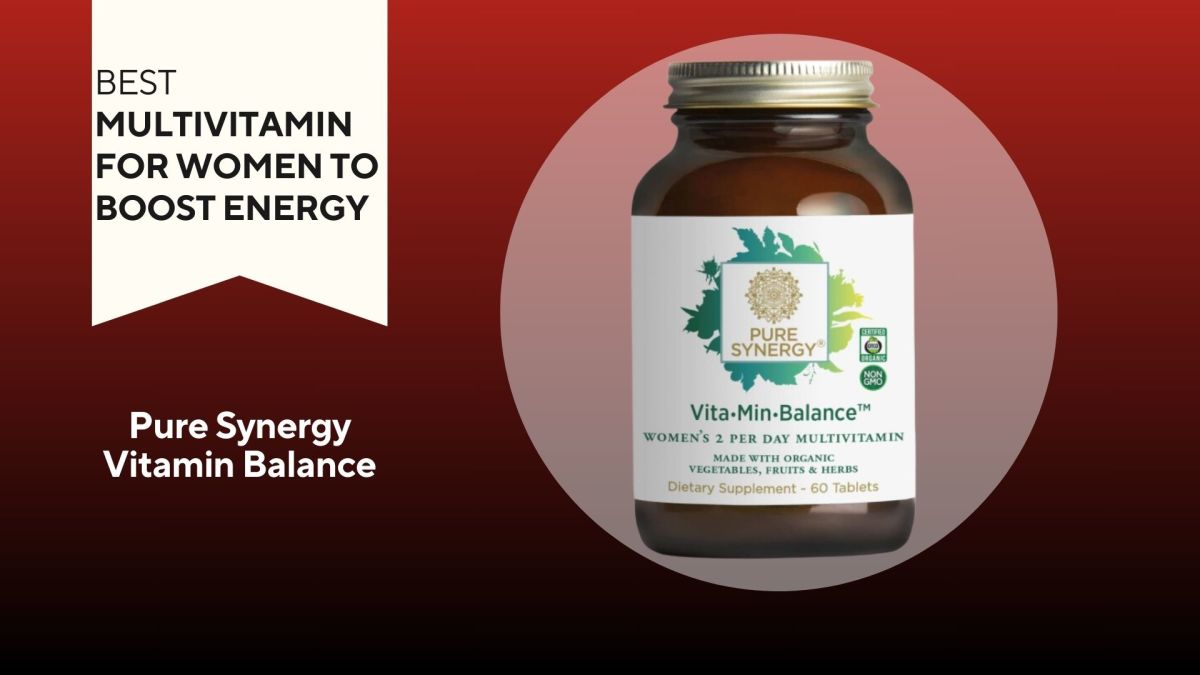 A bottle of Pure Synergy Vitamin Balance multivitamin for women against a red background
