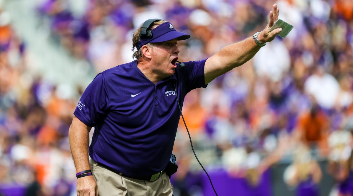 Former TCU coach Gary Patterson calls out during a game against Texas.
