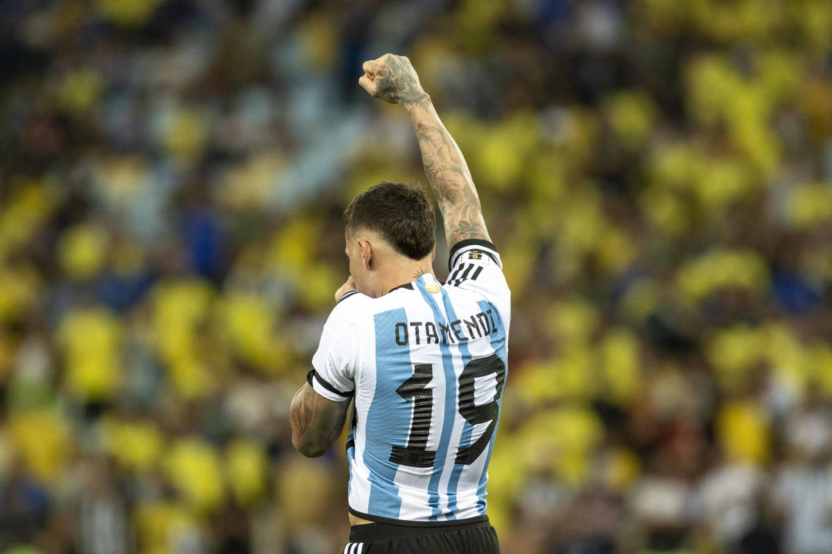 Nicolas Otamendi pictured celebrating after scoring the winning goal for Argentina in a 1-0 away victory over Brazil in November 2023