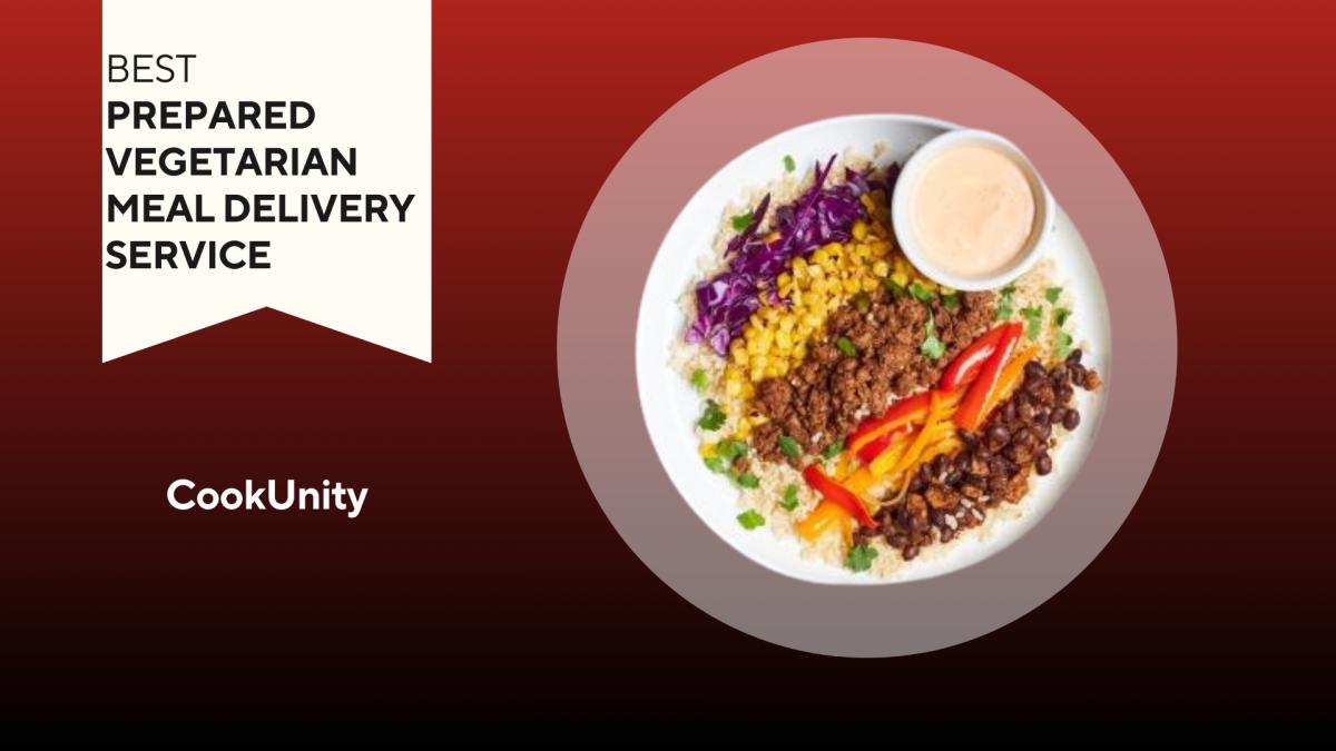 A red and black background with a white banner that reads Best Prepared Vegetarian Meal Delivery Service next to a plate of vegetables from CookUnity