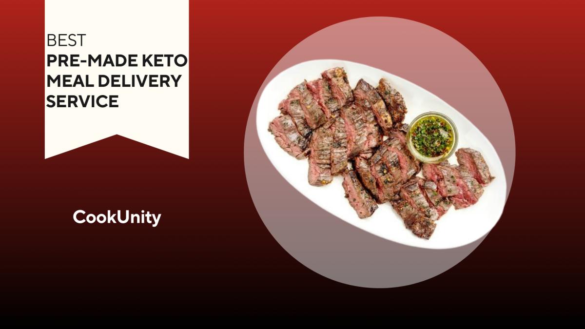 A red and black background with a white banner that reads Best Pre-Made Keto Meal Delivery Service beside a plate of Skirt Steak from CookUnity