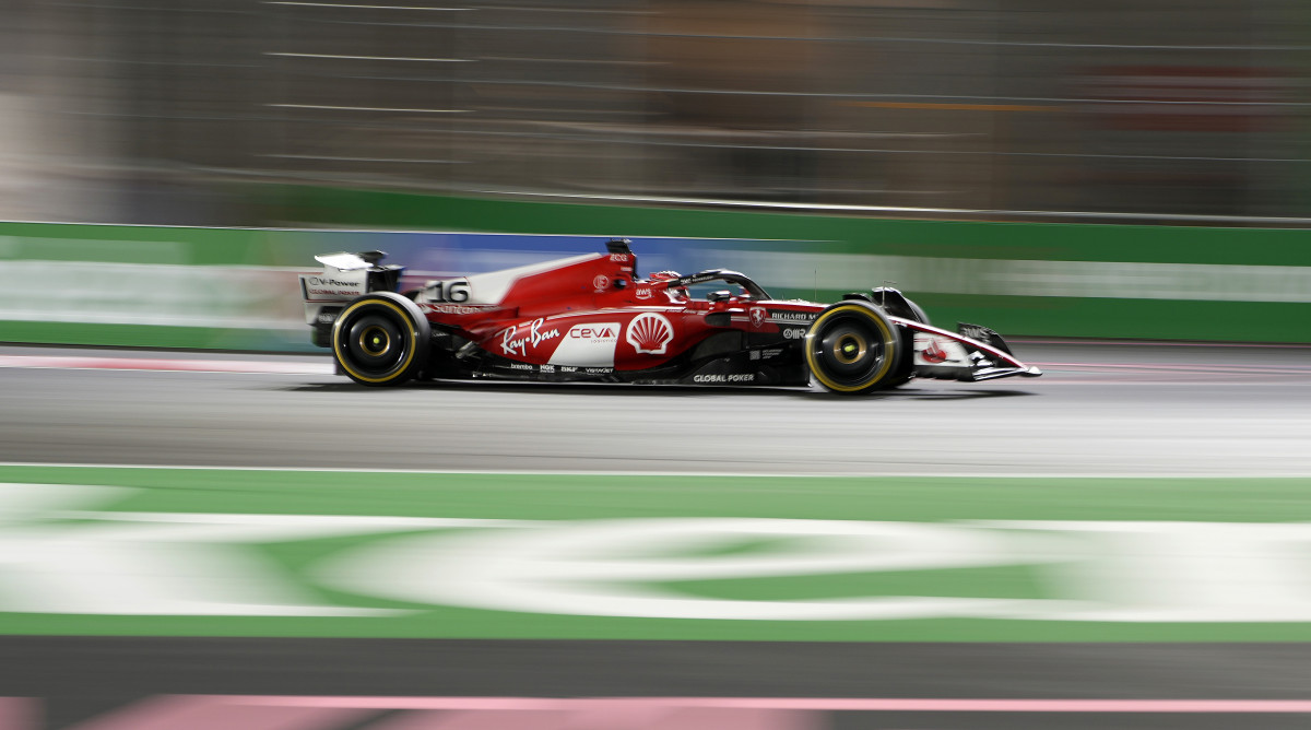 Ferrari driver Charles Leclerc, of Monaco, drives during the Formula One Las Vegas Grand Prix.