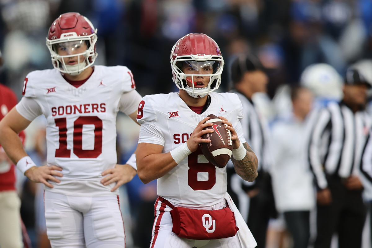 Nov 18, 2023; Provo, Utah, USA; Oklahoma Sooners quarterback Dillon Gabriel (8) warms up before the game against the Brigham Young Cougars at LaVell Edwards Stadium. Mandatory Credit: Rob Gray-USA TODAY Sports