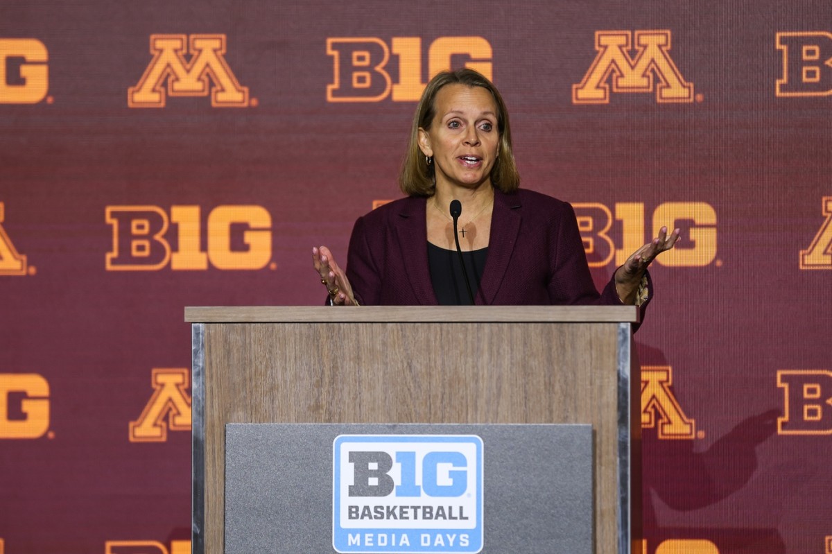 Oct 9, 2023; Minneapolis, MN, USA; Minnesota Golden Gophers head coach Dawn Plitzuweit speaks to the media at the Big Ten Basketball Media Days at Target Center.
