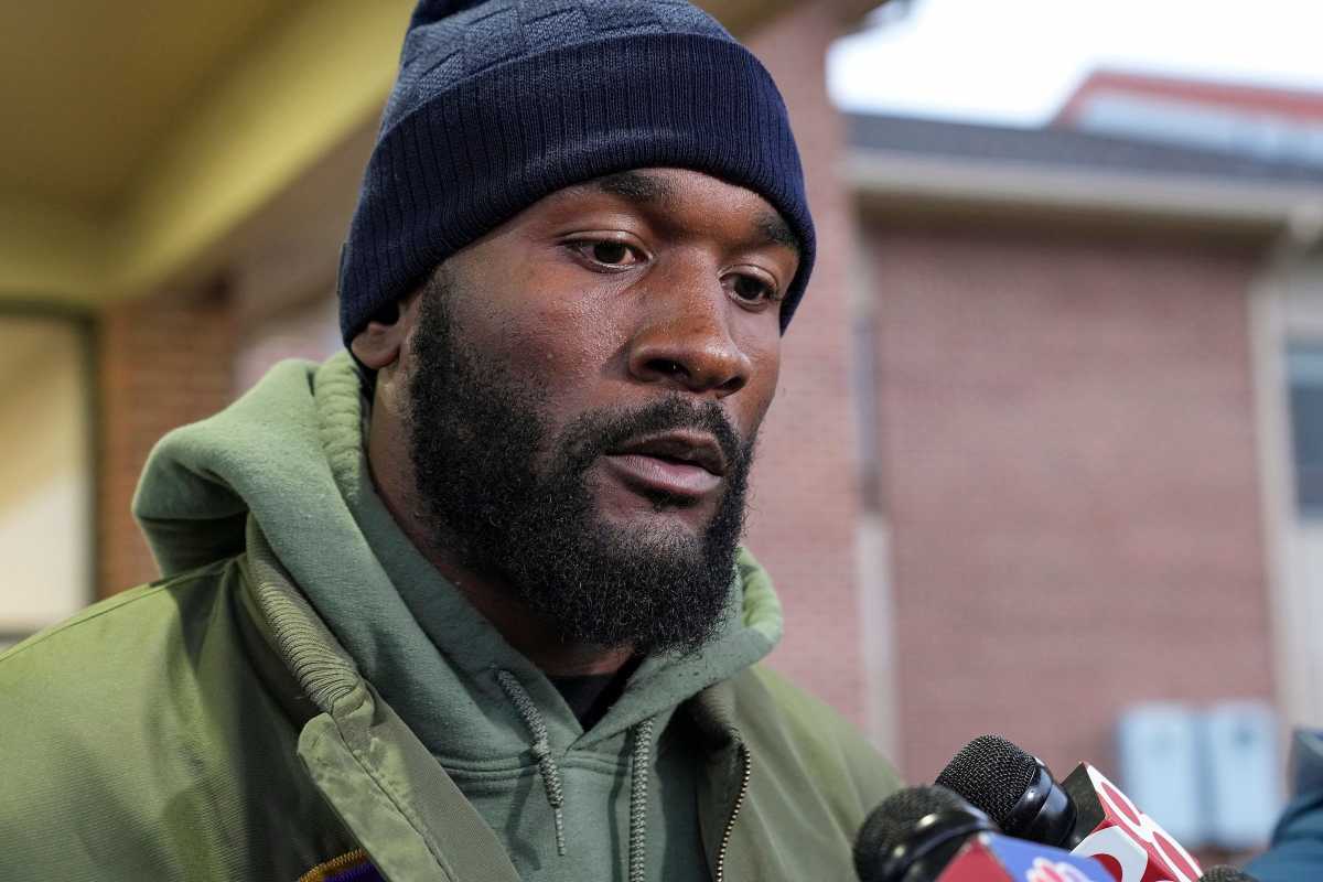 Former Indianapolis Colts linebacker Shaquille Leonard talks to media after he was released by the team Tuesday, Nov. 21, 2023, before helping with a food giveaway in Indianapolis.