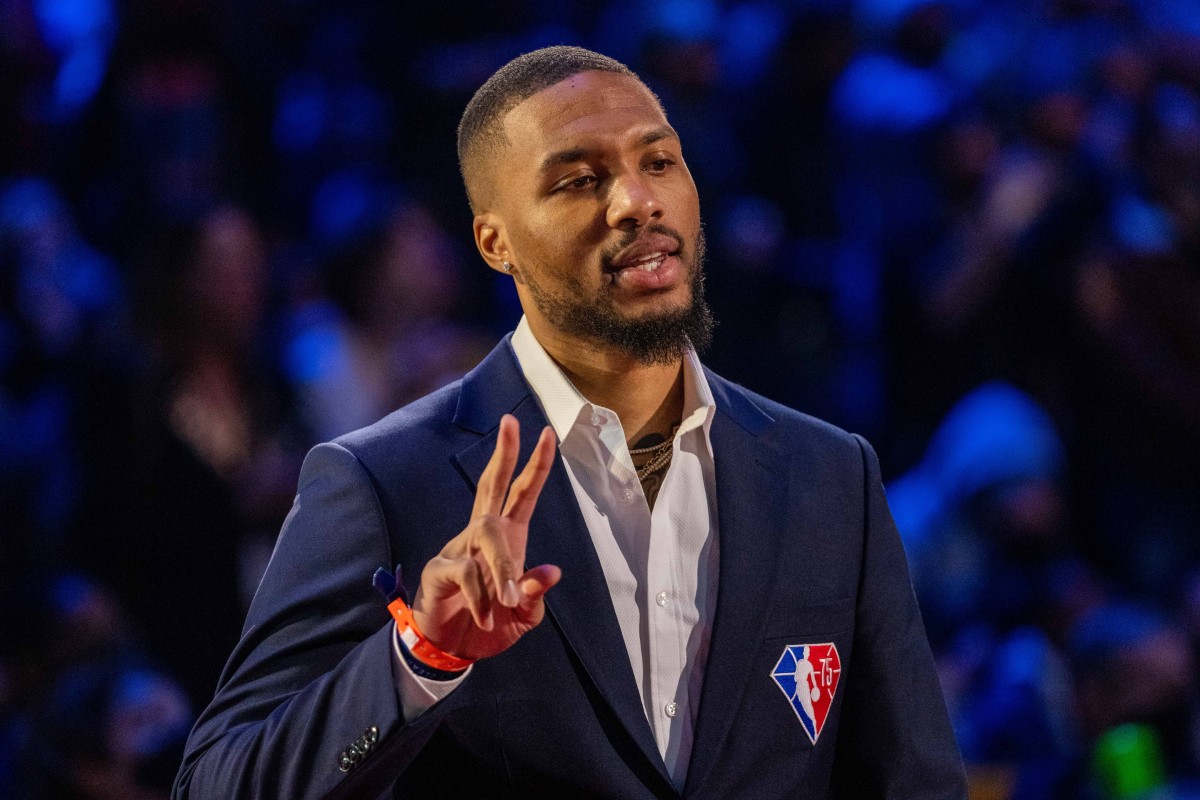NBA great Damian Lillard is honored for being selected to the NBA 75th Anniversary Team 