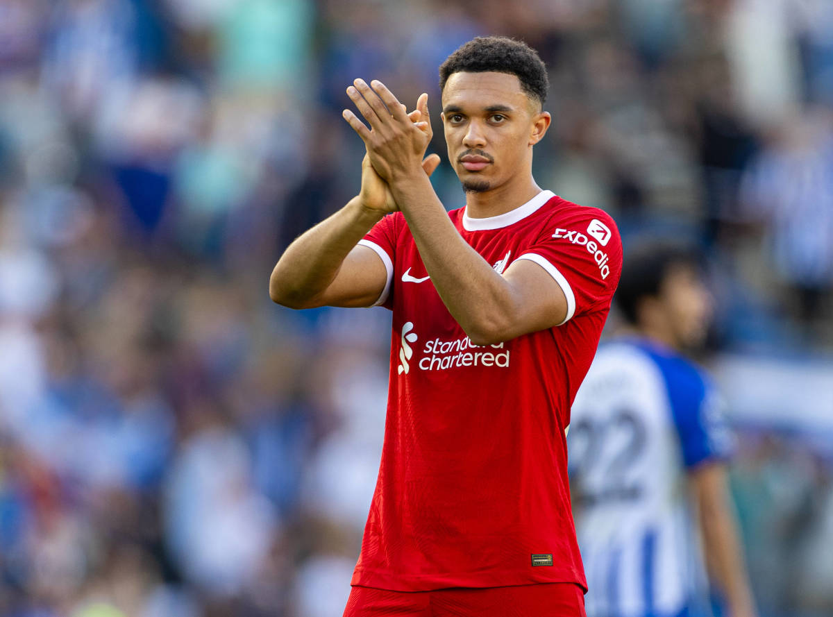 Trent Alexander-Arnold pictured applauding Liverpool's fans following a 2-2 draw at Brighton in October 2023