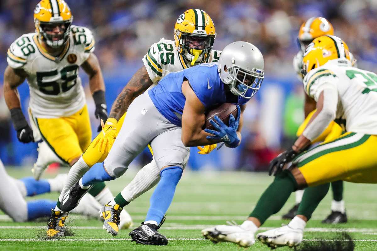  Detroit Lions receiver Kalif Raymond runs against the Green Bay Packers during the second half at Ford Field in Detroit on Thursday, Nov. 23, 2023.