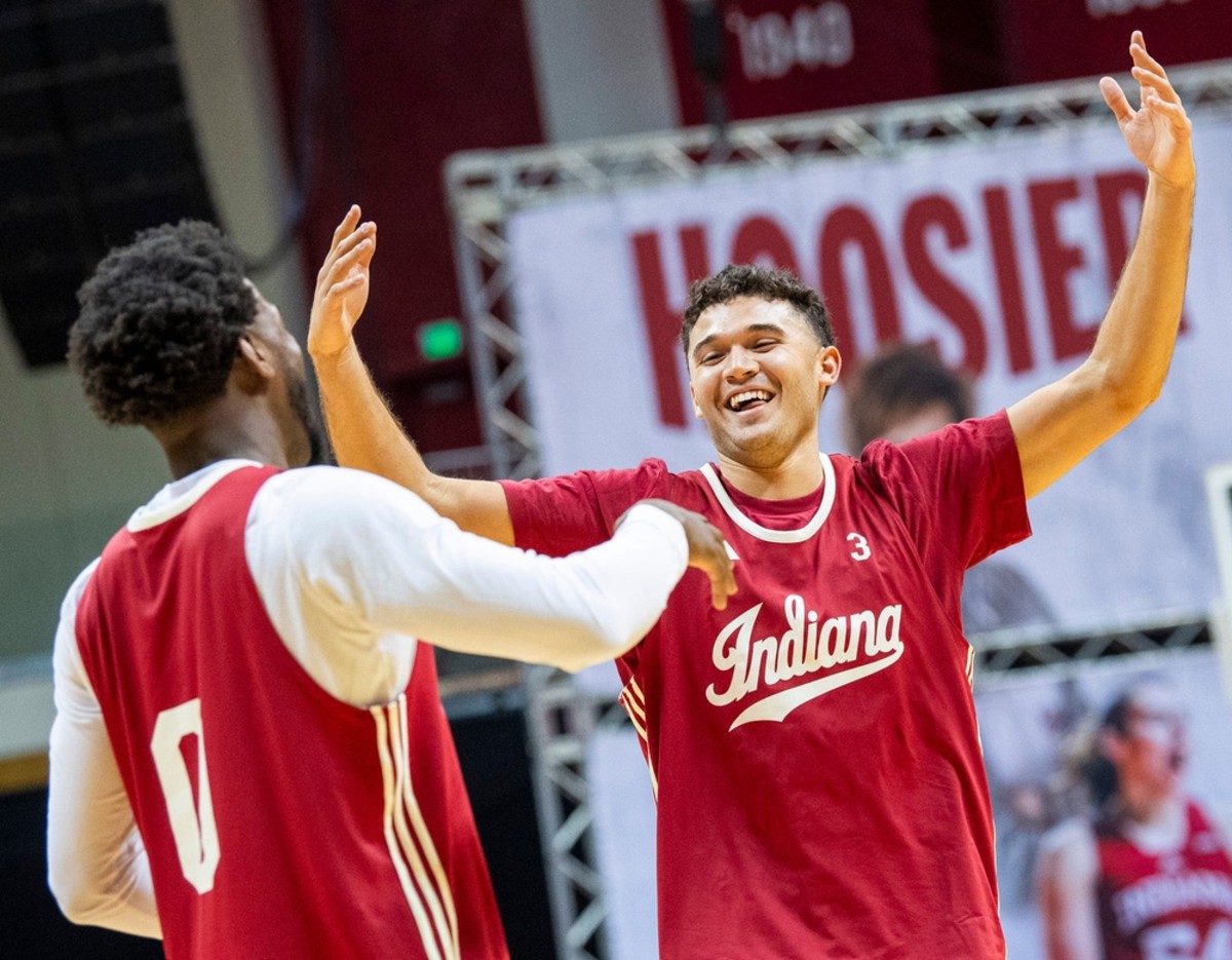 Indiana's Anthony Leal (3) celebrates with Xavier Johnson (0) after making a three-quarter court shot in the skills competition during Hoosier Hysteria at Simon Skjodt Assembly Hall on Friday, October 20, 2023.