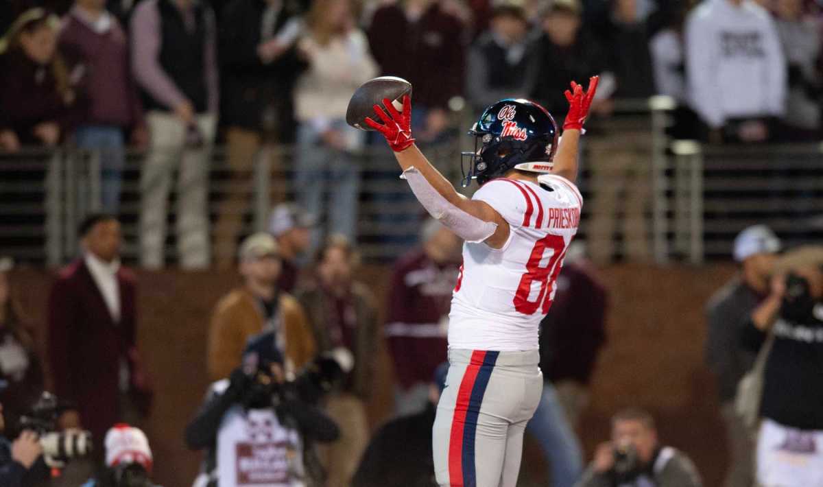 Ole Miss TE Caden Prieskorn (86) celebrates after a touchdown against Mississippi State during the second half of the Egg Bowl at Davis Wade Stadium in Starkville, Miss., Thursday, Nov. 23, 2023.  