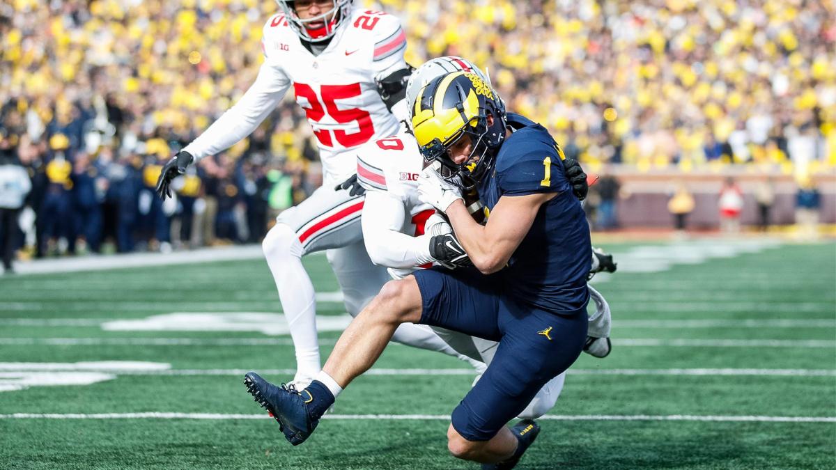 Michigan wide receiver Roman Wilson makes a catch for a touchdown against Ohio State cornerback Denzel Burke