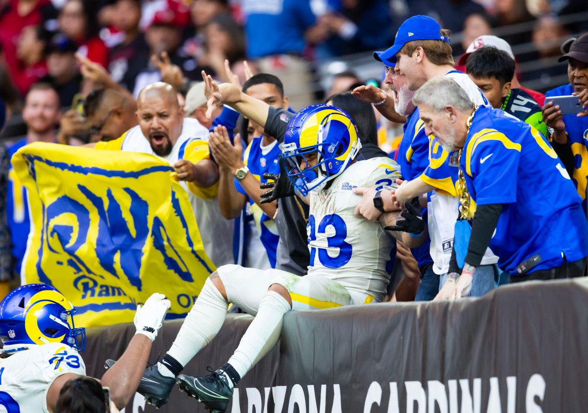 Rams running back Kyren Williams celebrated one of his scores with fans who made the trip to Arizona.