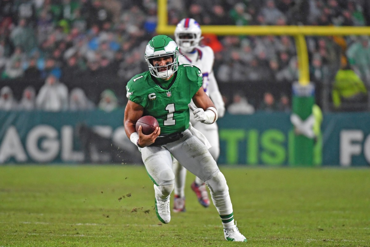 Eagles quarterback Jalen Hurts tossed three touchdown passes and ran for two others, including the game winner to beat the Bills in overtime in Week 12.