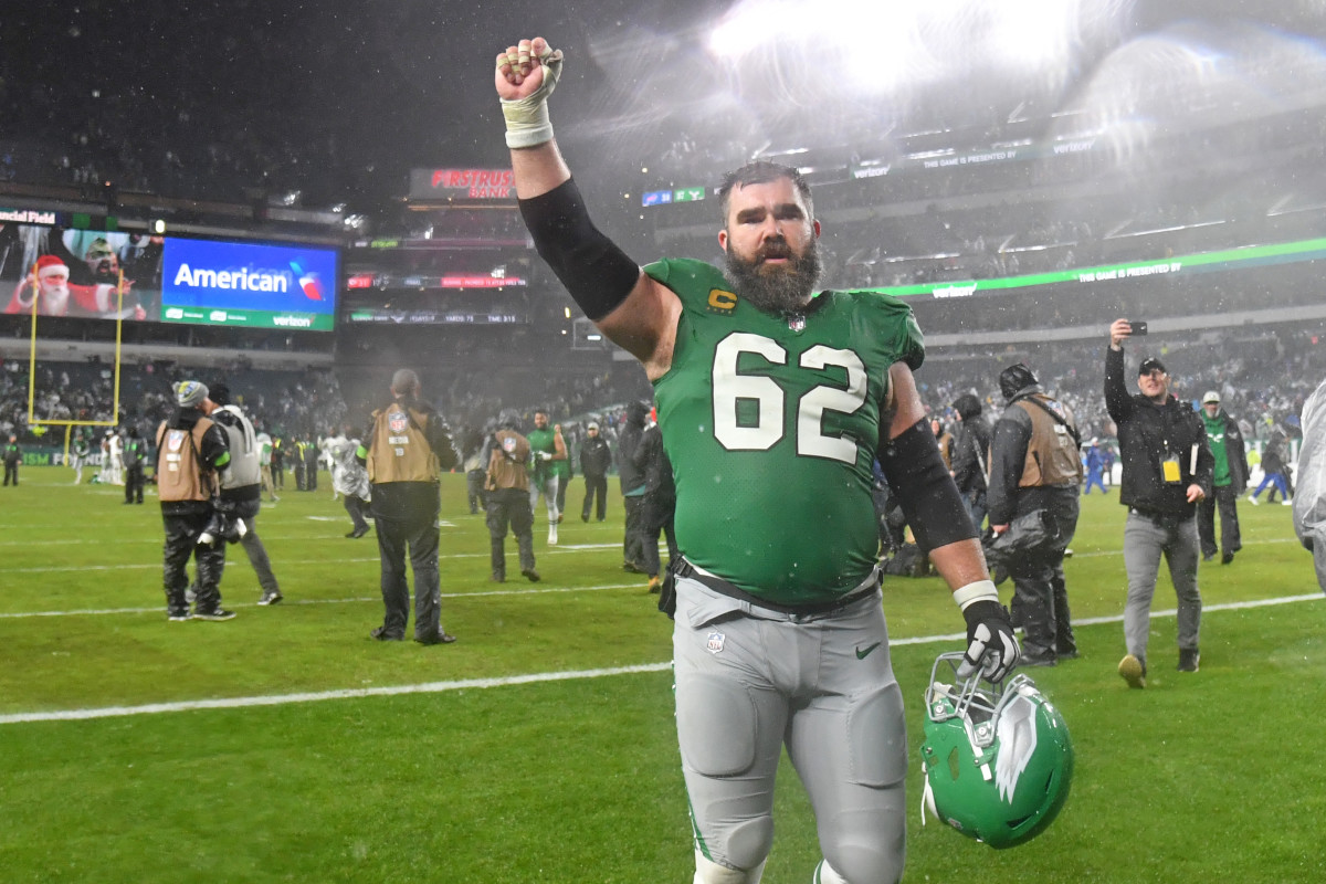 Philadelphia Eagles center Jason Kelce walks off the field after an overtime win against the Buffalo Bills at Lincoln Financial Field.
