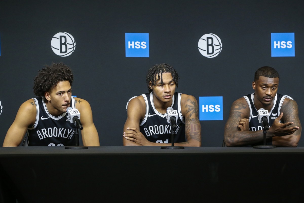 Brooklyn Nets forwards Jalen Wilson (22), Noah Clowney (21), and Dariq Whitehead (0)