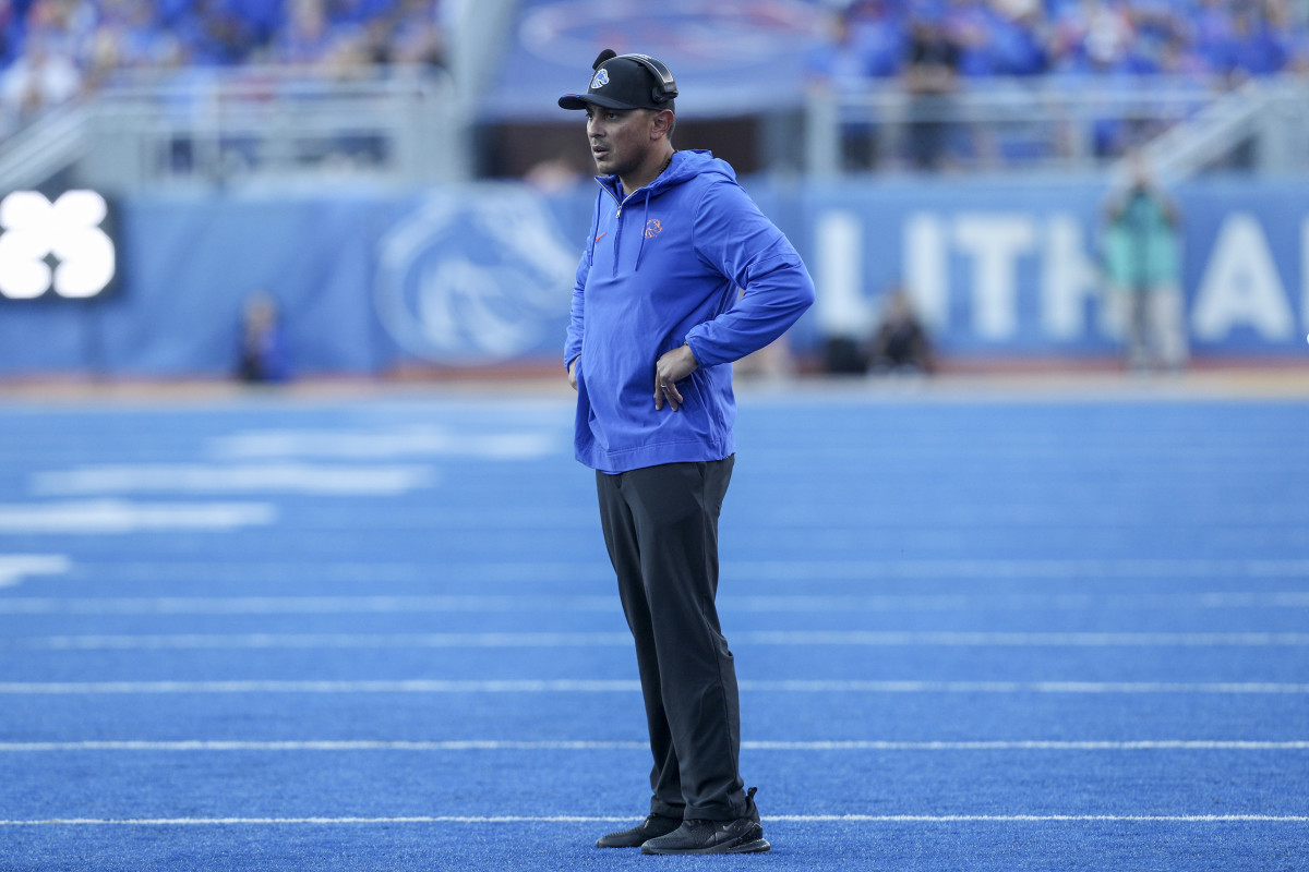 Oct 7, 2023; Boise, Idaho, USA; Boise State Broncos head coach Andy Avalos during the first half against the San Jose State Spartans at Albertsons Stadium. Mandatory Credit: Brian Losness-USA TODAY Sports   