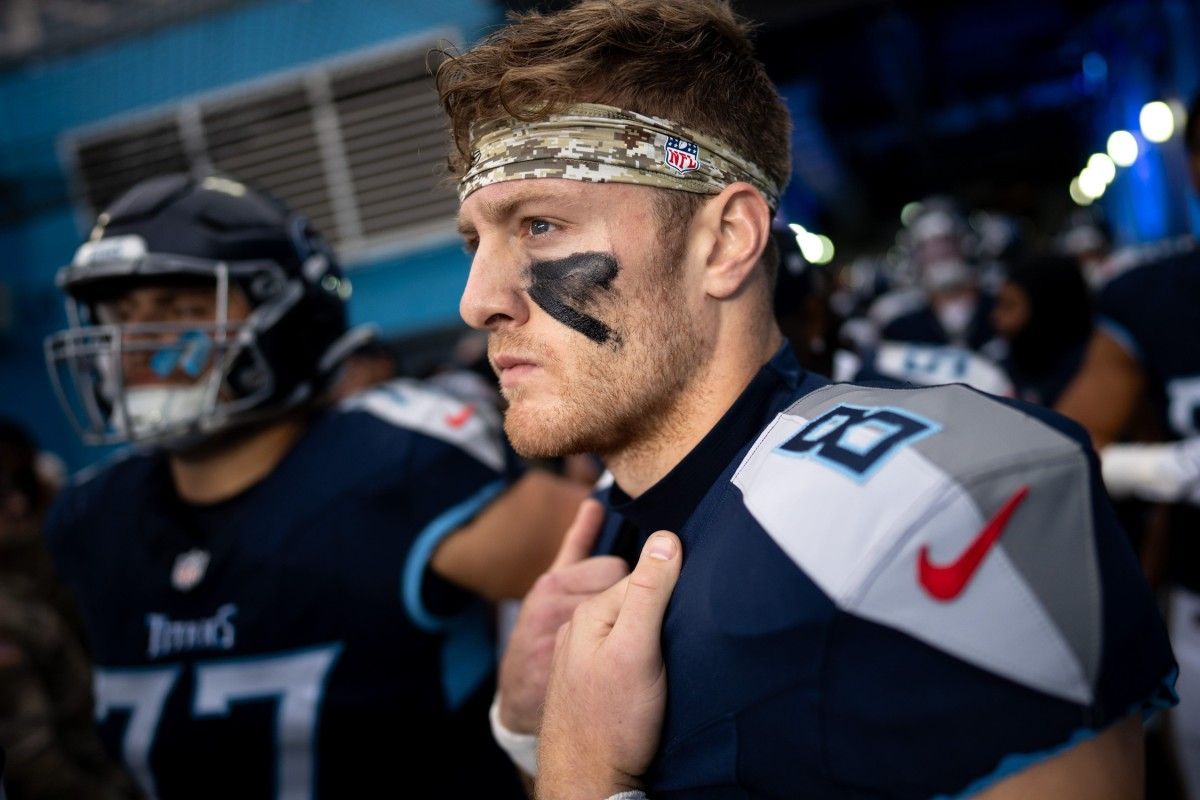 Tennessee Titans quarterback Will Levis (8) prepares to head to the field before a game against the Carolina Panthers at Nissan Stadium