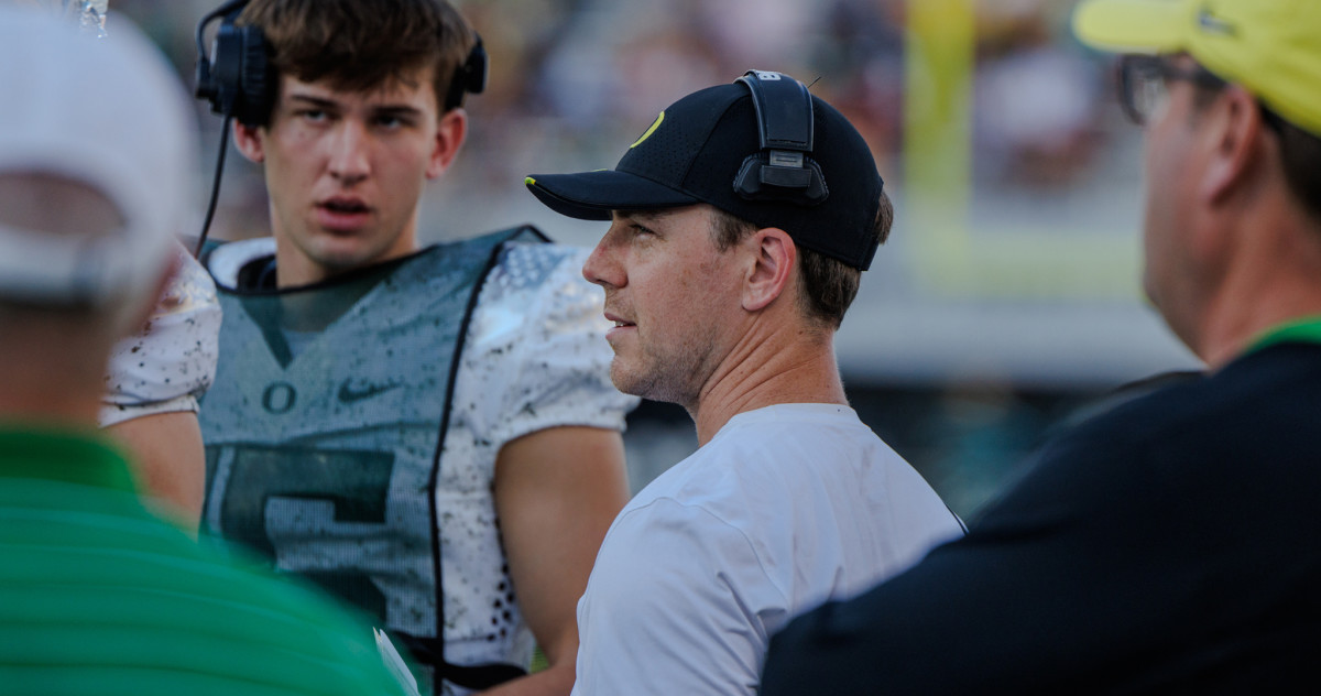 Oregon Ducks offensive coordinator Will Stein on the sideline during a game against the Arizona State Sun Devils.