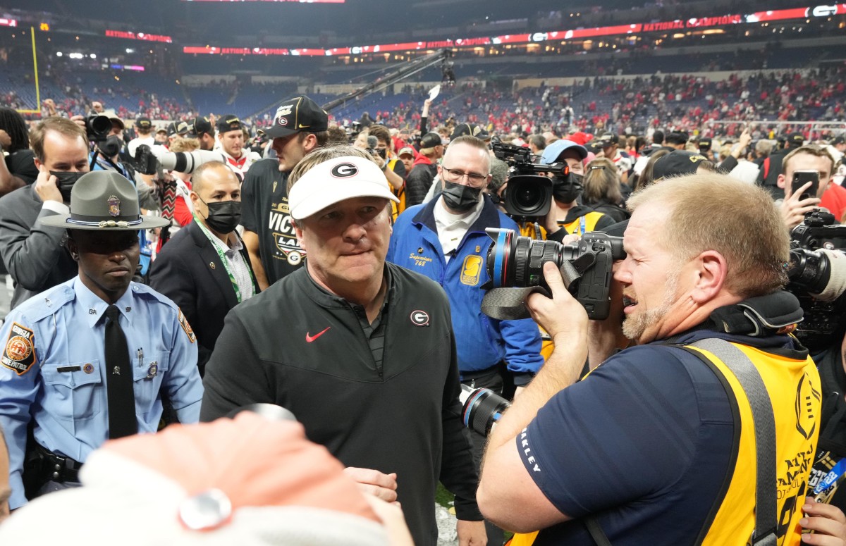 Jan 10, 2022; Indianapolis, IN, USA; Georgia Bulldogs head coach Kirby Smart leaves the field after defeating the Alabama Crimson Tide in the 2022 CFP college football national championship game at Lucas Oil Stadium. Mandatory Credit: Kirby Lee-USA TODAY Sports