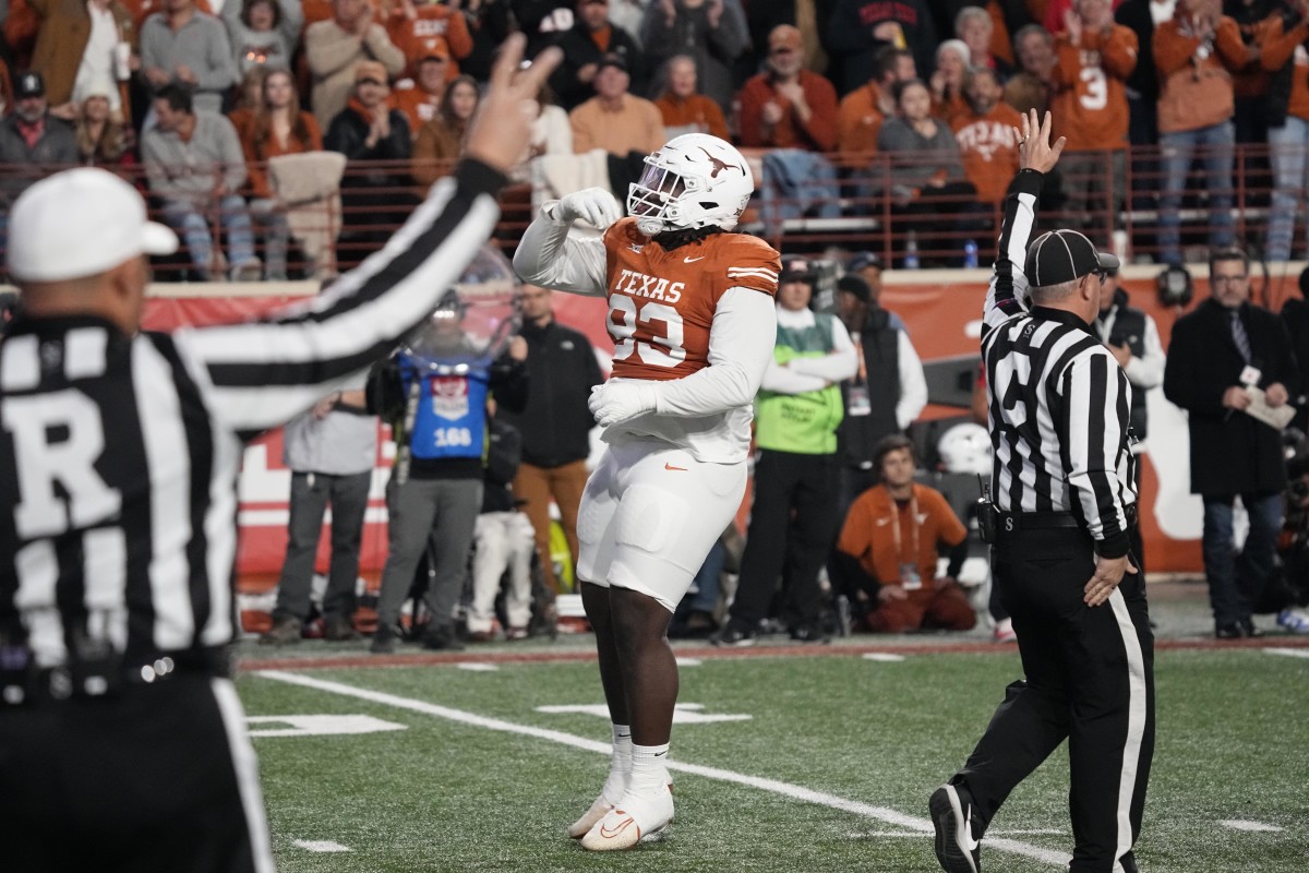 Nov 24, 2023; Austin, Texas, USA; Texas Longhorns defensive lineman T'Vondre Sweat (93) reacts after making a tackle during the first half against the Texas Tech Red Raiders at Darrell K Royal-Texas Memorial Stadium. Mandatory Credit: Scott Wachter-USA TODAY Sports
