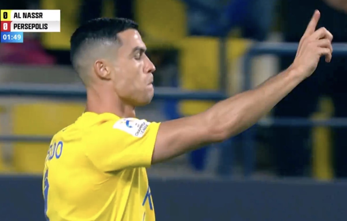 Cristiano Ronaldo pictured waving his finger towards the referee to tell him NOT to award a penalty after the Al Nassr captain had gone down inside the 18-yard box during a game against Persepolis in November 2023