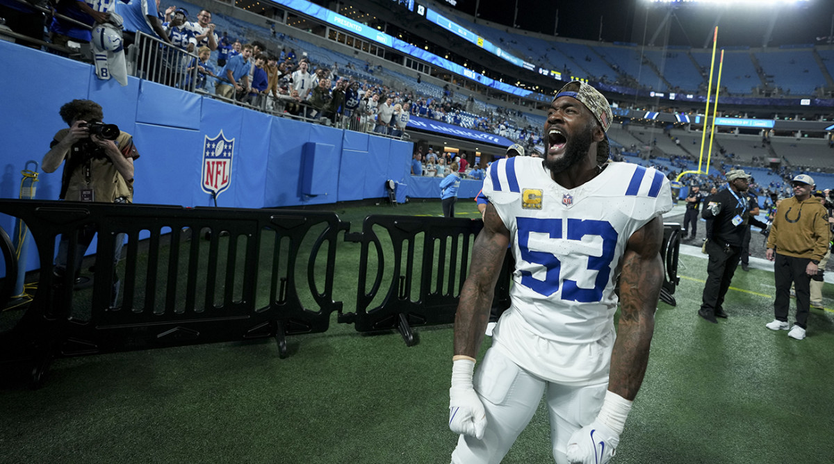 Colts linebacker Shaquille Leonard (53) yells as he leaves the field Sunday after a game against the Panthers at Bank of America Stadium.
