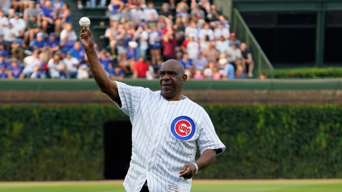 Aug 1, 2023; Chicago, Illinois, USA; Hall of Famer Andre Dawson throws out a ceremonial first pitch before the game between the Chicago Cubs and the Cincinnati Reds at Wrigley Field.