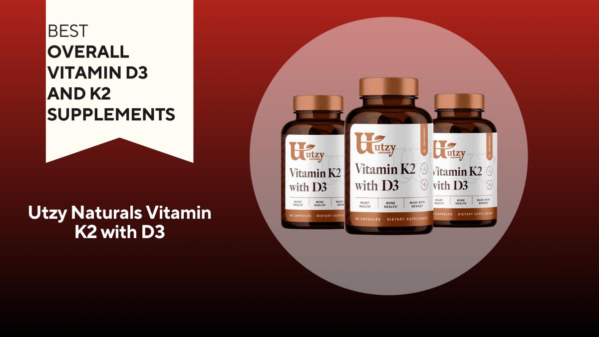 Bottles of Utzy Naturals Vitamin K2 with D3 are pictured against a red background