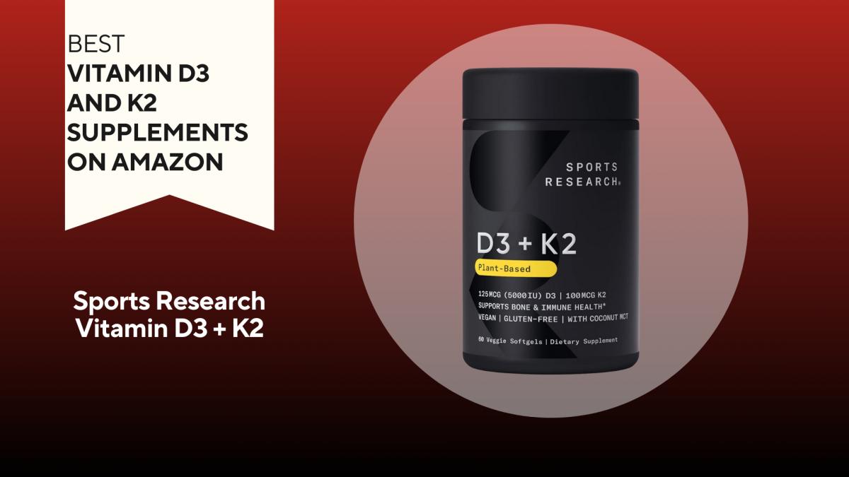 A bottle of Sports Research Vitamin D3 + K2 is pictured against a red background
