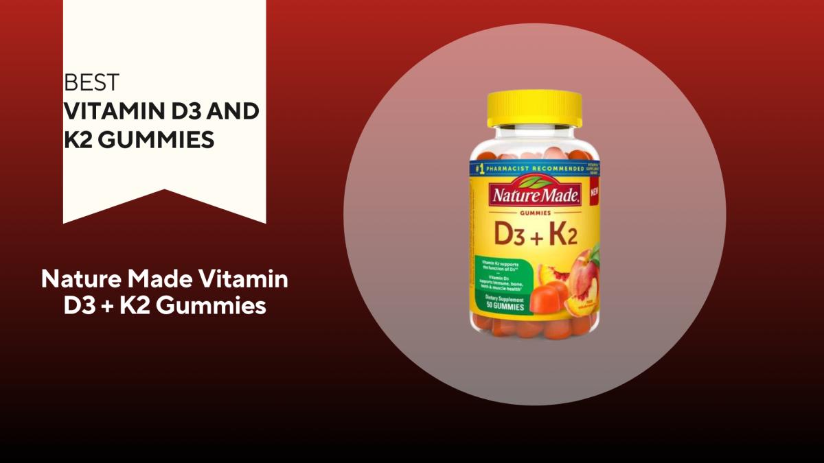 A bottle of Nature Made Vitamin D3 + K2 gummies is pictured against a red background