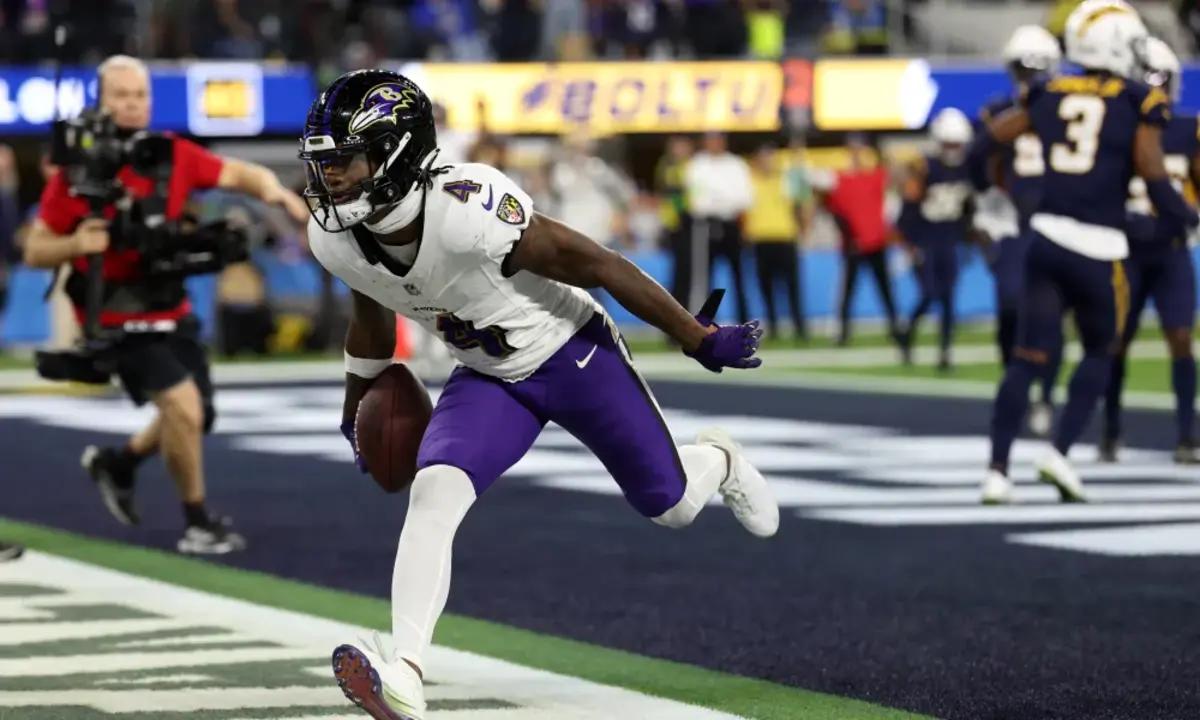 Baltimore Ravens wide receiver Zay Flowers scores a touchdown in a 20-10 win over the Los Angeles Chargers.