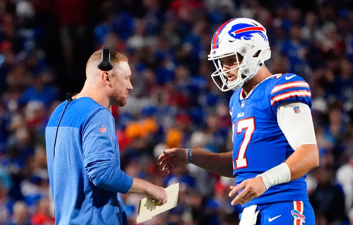 Josh Allen and interim offensive coordinator Joe Brady.