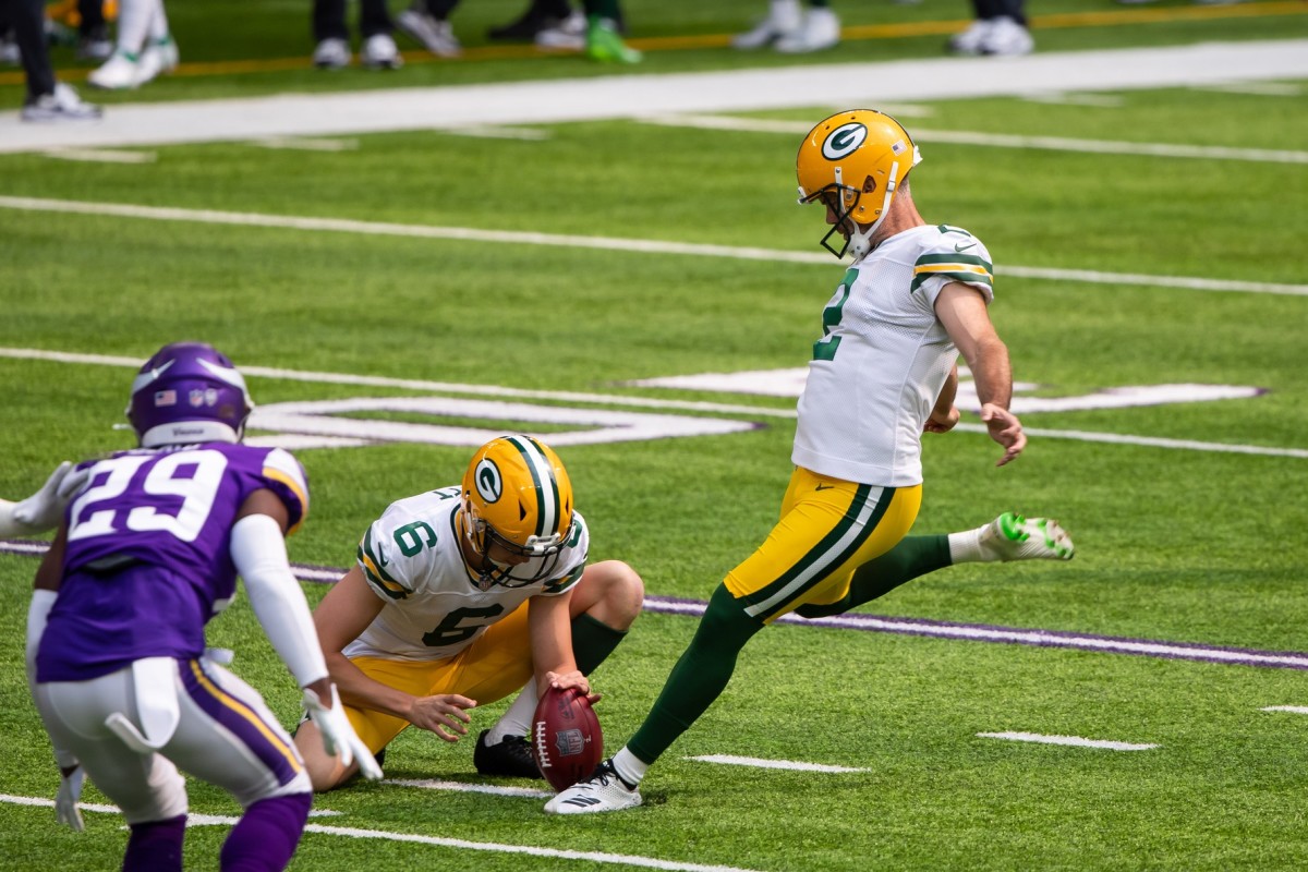 Sep 13, 2020; Green Bay Packers kicker Mason Crosby (2) kicks a field goal against the Minnesota Vikings. Mandatory Credit: Brad Rempel-USA TODAY Sports