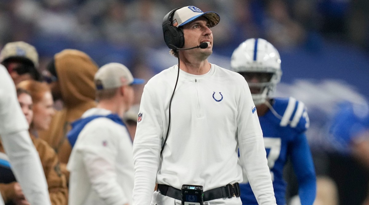 Colts coach Shane Steichen looks up while walking the sideline during a game against the Buccaneers.