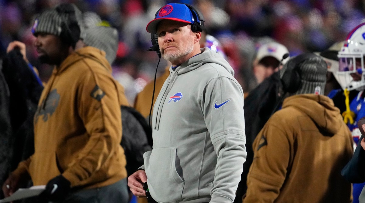 Bills coach Sean McDermott looks on from the sidelines during a game.