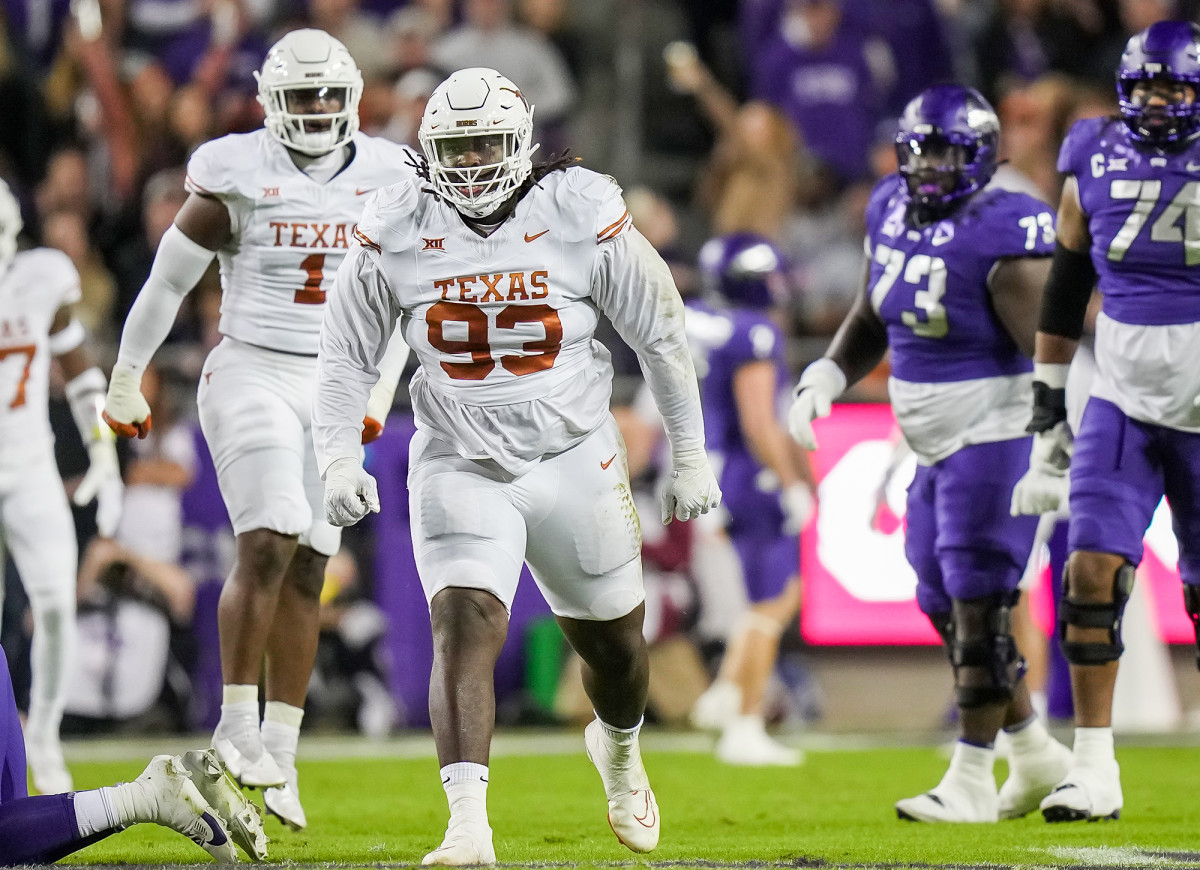 Nov 11, 2023; Fort Worth, Texas, USA; Texas Longhorns defensive lineman T'Vondre Sweat (93) celebrates a sack against TCU Horned Frogs quarterback Josh Hoover (10) in the first quarter of an NCAA college football game at Amon G. Carter Stadium. Mandatory Credit: Ricardo B. Brazziell-USA TODAY Sports